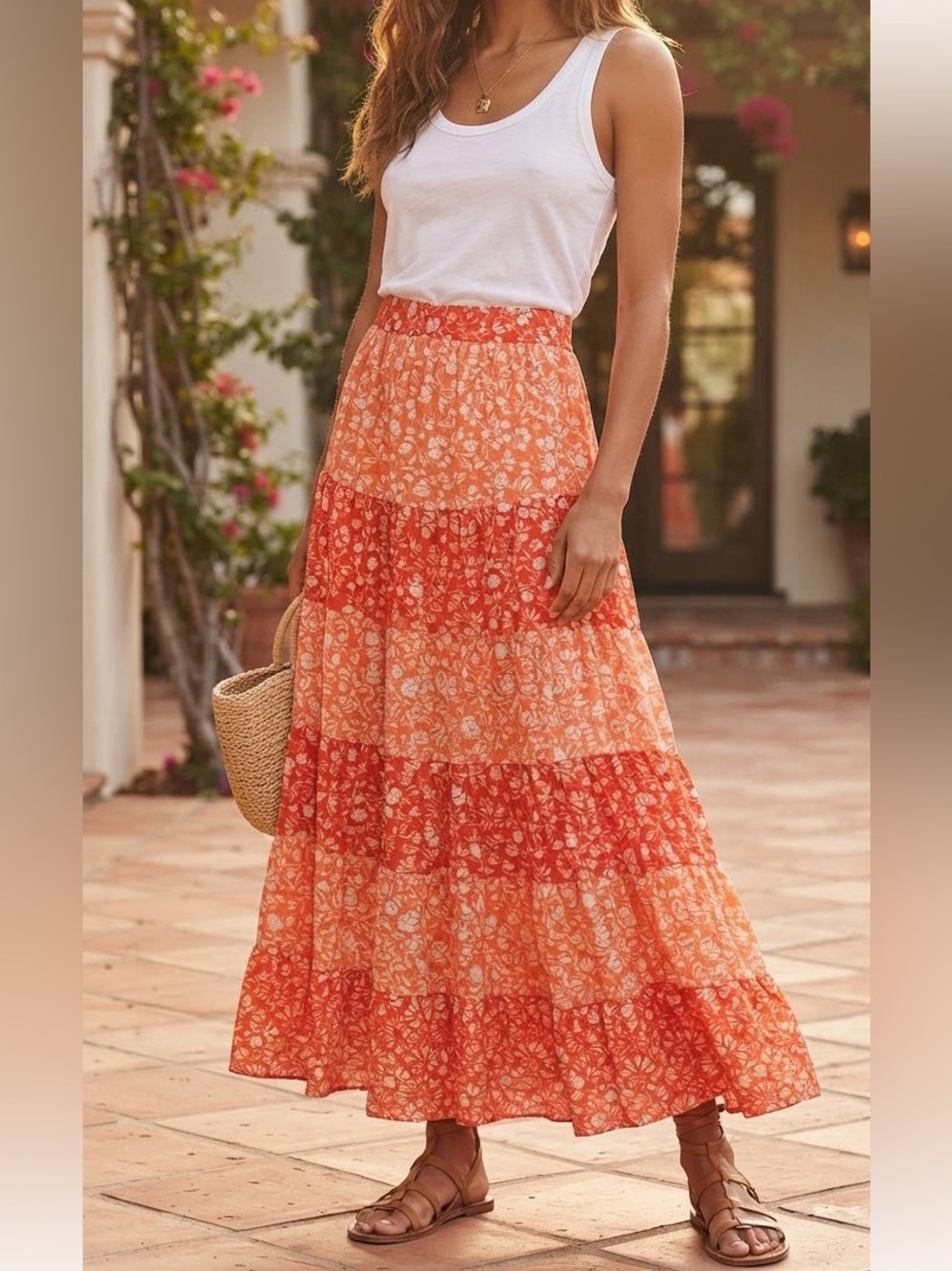 Alice and Olivia Floral Orange Maxi Skirt